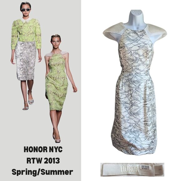2013 HONOR NYC Garden Print Micro Sparkle Silk Midi Cocktail Dress RTW SS13 Sz 8 - Picture 1 of 8